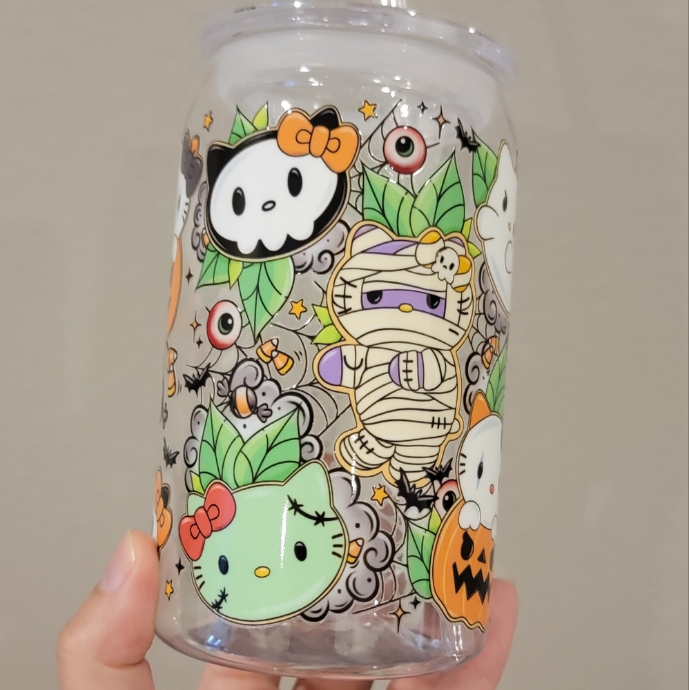 Halloween Hello Kitty 16 oz Plastic Can Cup with Lid and Straw